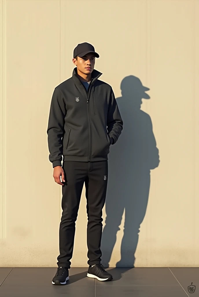 Asian,Are standing,male, A loose black sports shirt,Black shorts,Black long tights,White socks,White low-cut sneakers,White cycling helmet