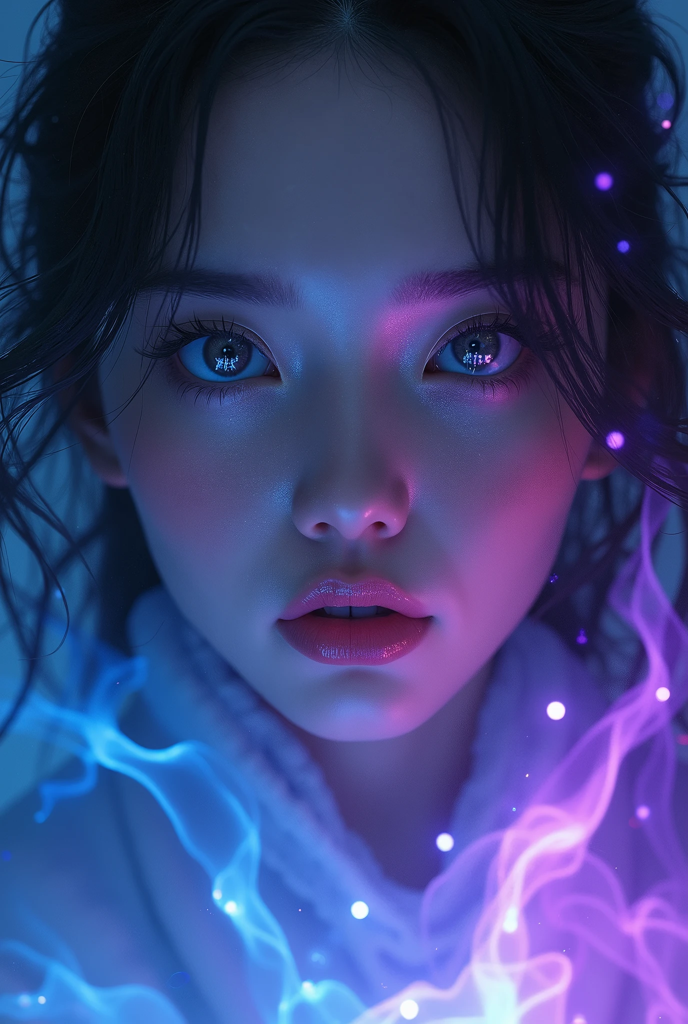 A close up of a woman with a glowing face and blue eyes - SeaArt AI