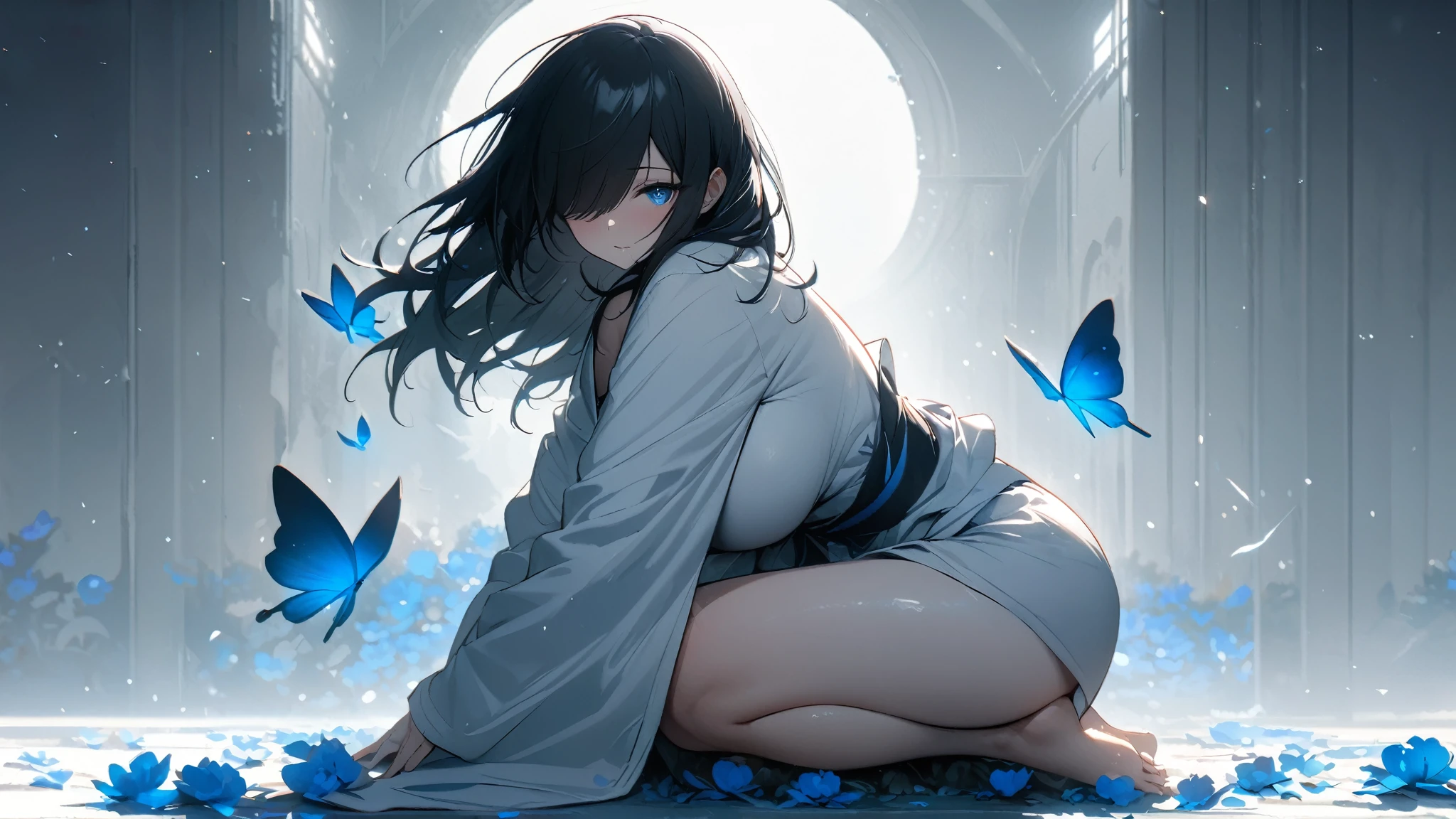 a woman, whole body, squat, while looking towards the camera, hair up with strands, normal skin tone, blue-black hair, purple blue eyes, heart pupils
