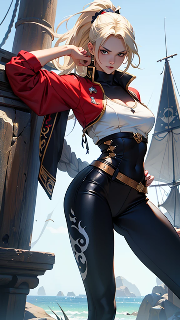 pirate captain outfit with pirate hat, red jacket with gold tassels, white frilly blouse, black pants, brown thigh high boots, eye patch, massive breasts, massive hips, massive thighs, massive calves, slender waist, hourglass figure, shiny black pantyhose, piloting a wooden ship, detailed eyes, leggings, kissing each other, 4K high resolution