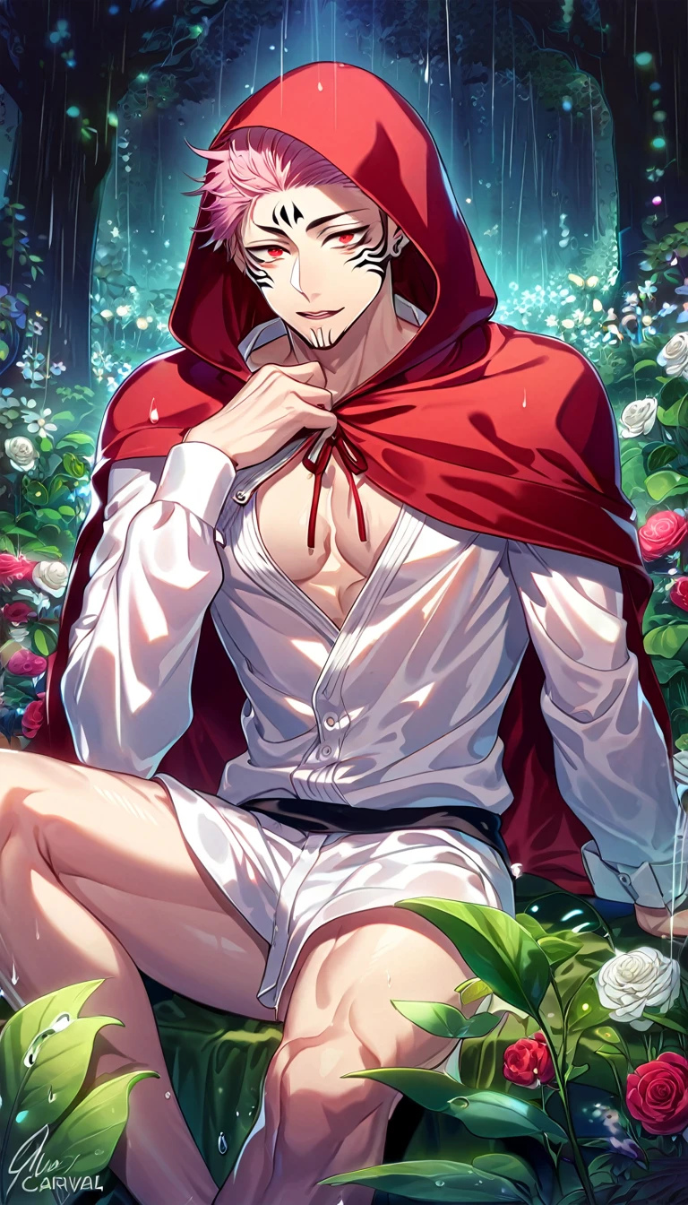 ((A male innocent version of red riding hood wearing short minimerotic dress)), NSFW, hentai, he is on his way to his grandma, (beautiful fairytale forest setting), he is lewd and lifting his skirt, ((bulge under the mini skirt)), ((dripping fat cock under the skirt)), ((he is becoming horny as he has wet dream about huge monstrous wolf fucking his butthole)),  ((artstyle inspired by Ppatta’s hentai yaoi comics)),