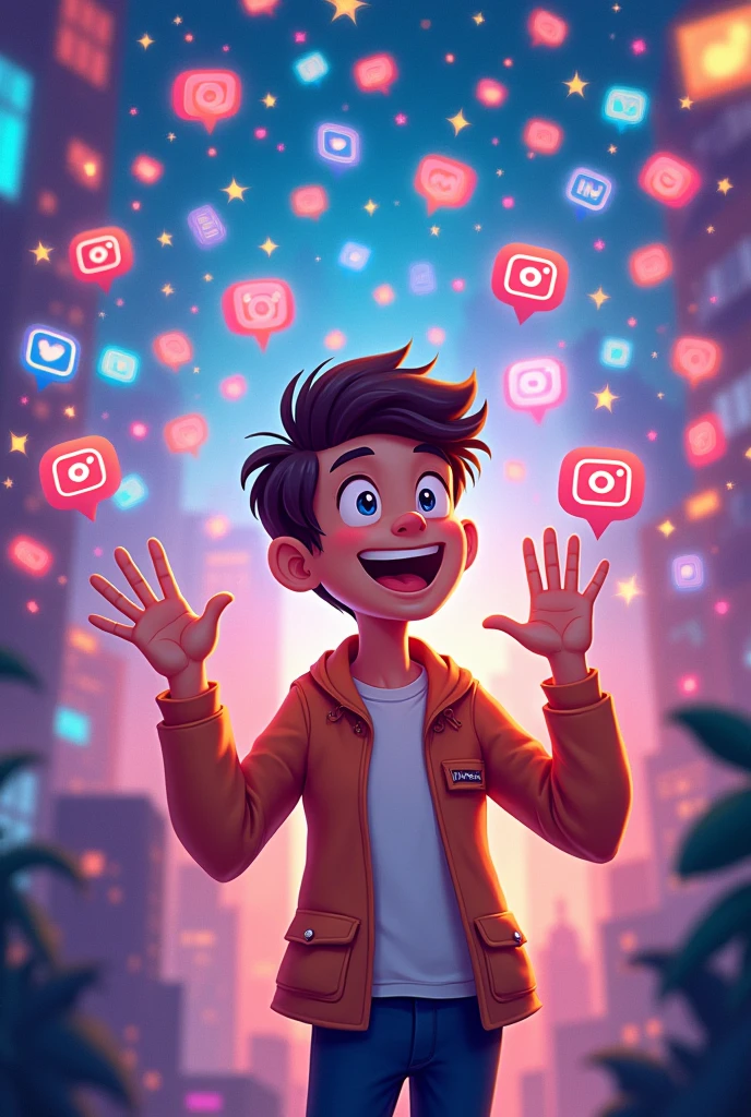 A boy standing in YouTube logo and holding camera in mobile