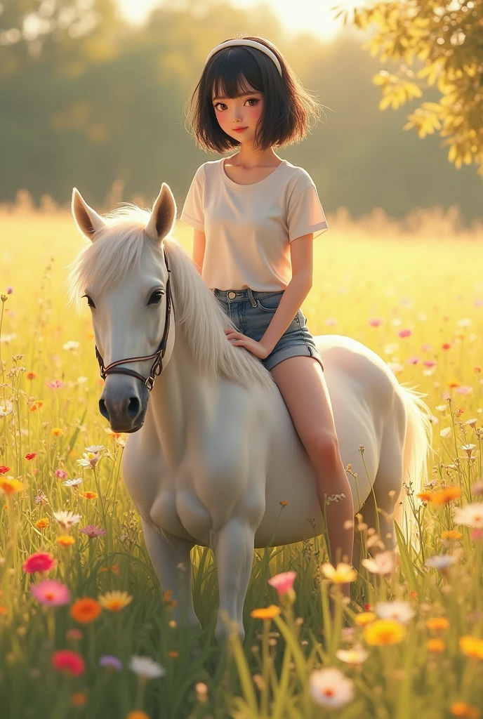 A 3d girl stand in grassy land without clothe with a white horse around trees grass flowers