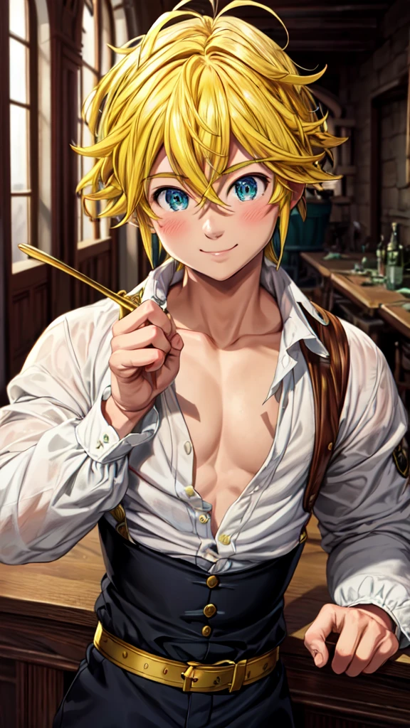 masterpiece, best quality, ultra-detailed, illustration, 1boy, solo, male focus, looking at viewer, upper body, , meliodas_nanatsu_no_taizai, blonde hair, blu eyes, jacketBlue eyes, Blonde Hair, without a shirtBlush, Smile, s3xy smile