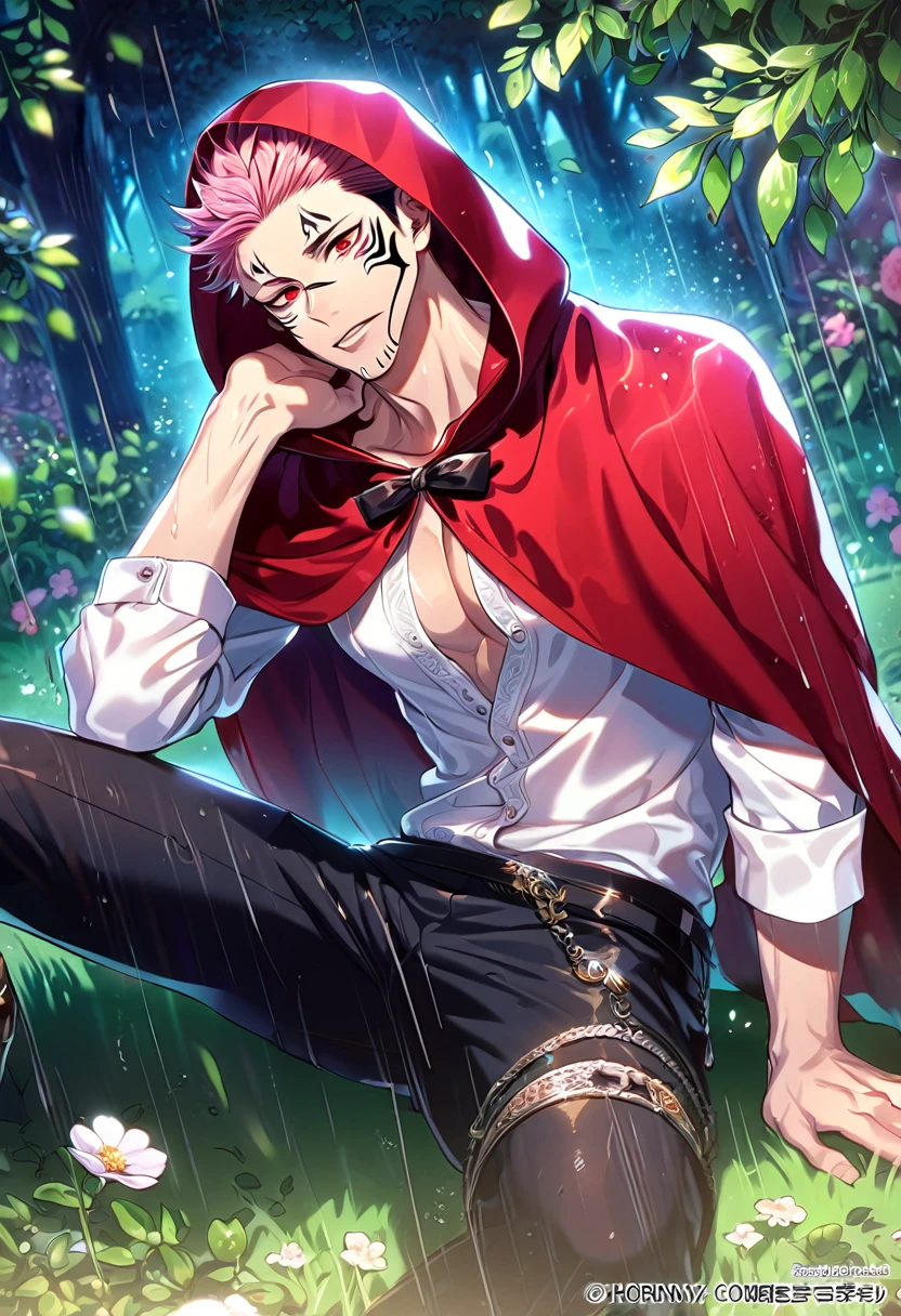 absurdres, highres, ultra detailed, HDR, master piece, best quality, extremely detailed, detailed eyes, Ryoumen Sukuna, pink hair, expressive red eyes, Jujutsu Kaisen, solo, sexy man, handsome, sitting, horny, lewd, fantasy, The Red Riding Hood And The Wolf, red hooded cape, white shirt, accessories, fantasy clothes, showing the chest, black pants, spring, flowers, green leaves, magical forest, dark fantasy, rain, night, Nu Carnival