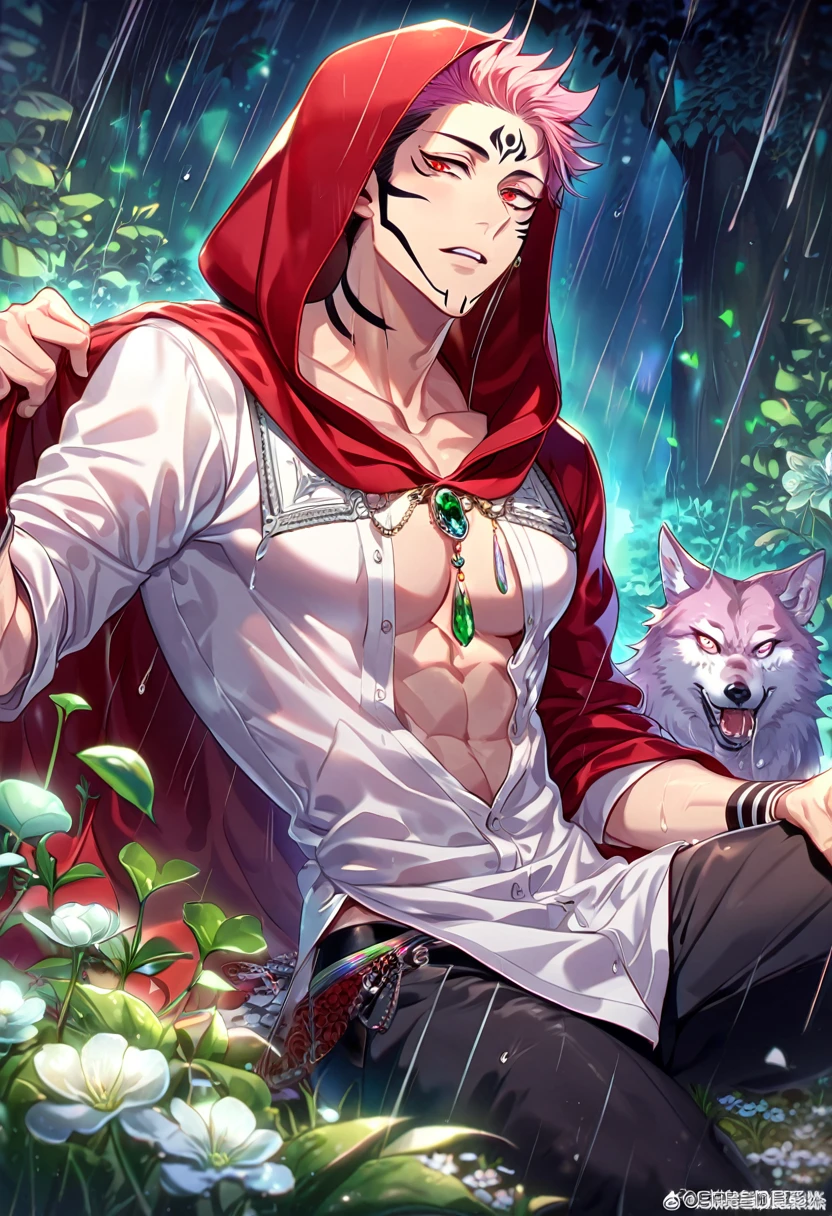 absurdres, highres, ultra detailed, HDR, master piece, best quality, extremely detailed, detailed eyes, Ryoumen Sukuna, pink hair, expressive red eyes, Jujutsu Kaisen, solo, sexy man, handsome, sitting, horny, lewd, fantasy, The Red Riding Hood And The Wolf, red hooded cape, white shirt, accessories, fantasy clothes, showing the chest, black pants, spring, flowers, green leaves, magical forest, dark fantasy, rain, night, Nu Carnival