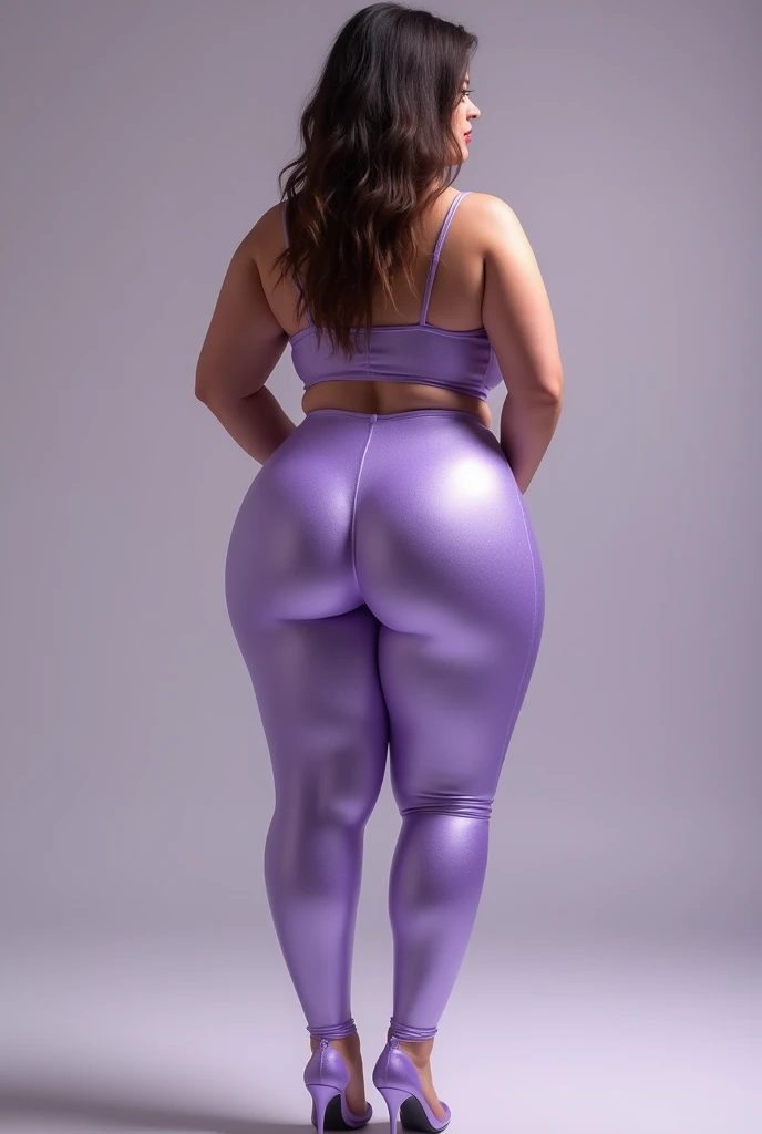 (best quality:1.3), (4K quality),masterpiece, best quality, high res, detailed, (Detailed face:1.2), (Detailed eyes:1.2), (half-body-shot (back shot):1.3), 1girl, alone, Latina, plus size milf body, chubby figure, chubby face, attractive face, mature female, (tan-bronze skin:1.5), long black hair with purple highlights, glowing amber eyes, purple mascara, purple eyeshadow, (Wearing: black tank-top, shiny purple leggings, sneakers:1.2), looking from behind, wide smile, joyful expression, teeth, sexy, very beautiful face, she has a jiggly fat round belly, overweight, very plump, wide load butt, hands on hips