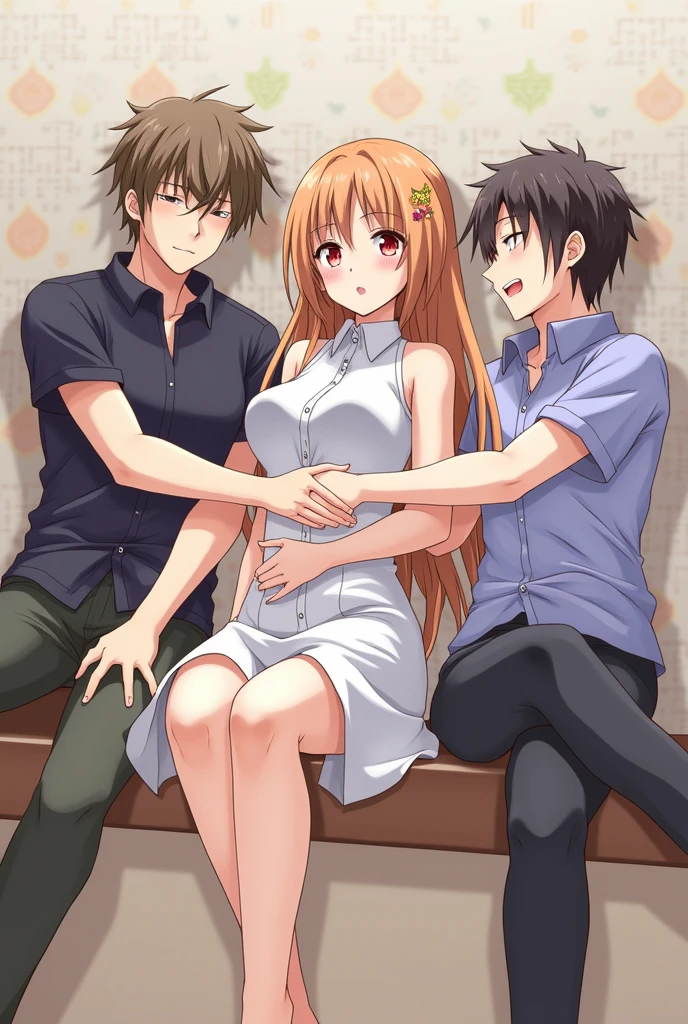 An anime girl having sex without clothes with three guys, The first man puts his penis in the woman&#39;s mouth, the second in the vagina and the third in the ass