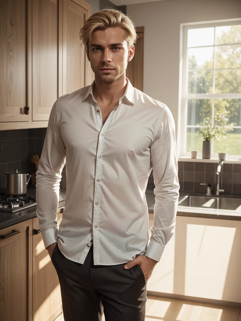 a 3 handsome man, tired and sad expression, aryan features, blonde hair, light eyes, german, wearing a shirt and formal trousers, standing in a kitchen interior, (best quality,4k,8k,highres,masterpiece:1.2),ultra-detailed,(realistic,photorealistic,photo-realistic:1.37),HDR,UHD,studio lighting,ultra-fine painting,sharp focus,physically-based rendering,extreme detail description,professional,vivid colors,bokeh,portrait