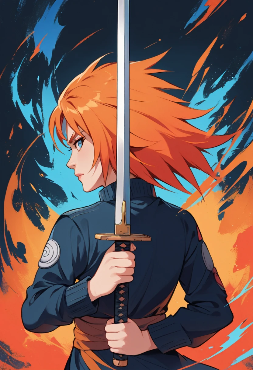 Naruto style, Rachel Moore，Holding the sword with both hands，long orange hair, sword focus，animated cartoon，Phoenix background, Naruto style, girl from the back, holding the sword with one hand