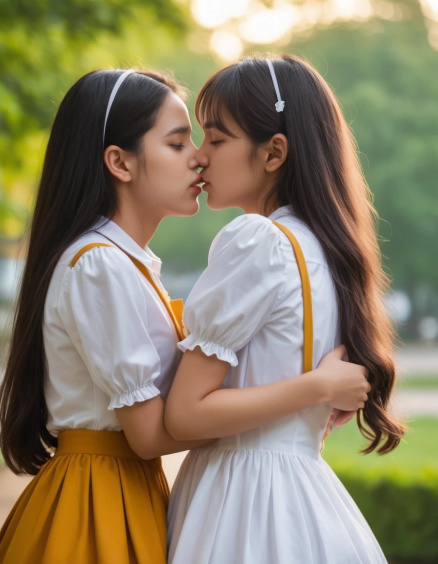 Duas s, little girlon the cheek, ASİAN, Linda, Youngh, baby face, small, in park, skirt short, pantyhose,