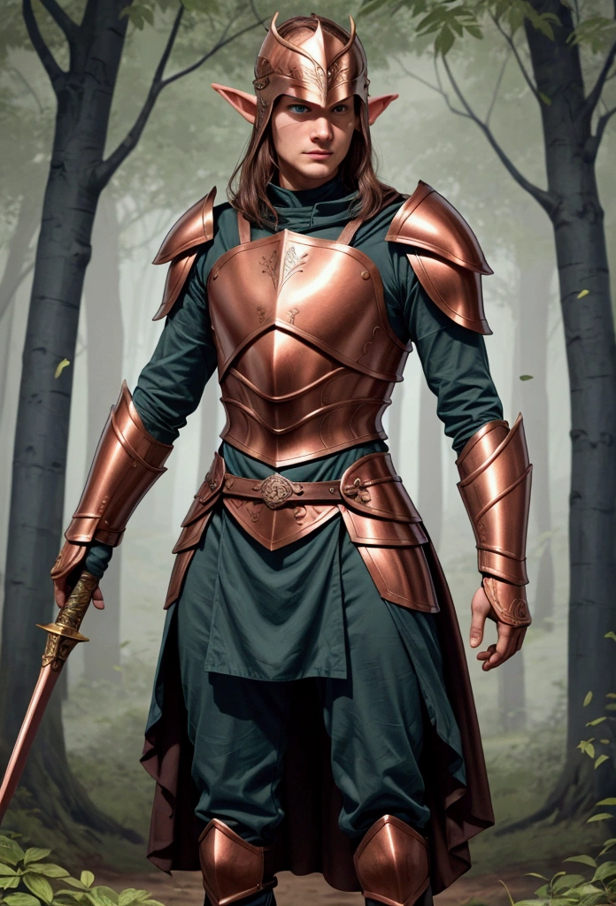 The full face helmet is perfect . The armor should be elegant and smooth with no sharp edges. The person being represented is an elf royal guard. Engraving on the armor should be simple and impart a sense of nature (tree branches with the small leaves of the leaf chosen for the shoulder and thigh armor) and muted colors can be used to impart more realism and depth to the branches and leaves . Shoulder and thigh armor should be reminiscent of beech or aspen leaves and muted colors can be used to provide more realism and depth. Muted copper color can be the clothing or the armor. If you choose to make the armor copper, please choose appropriate muted forest colors that will complement the copper color for the clothing. Figure should be on the battlefield.

Figure should also be shown in action, such as holding a sword or polearm( finish should also be muted) at the ready (see attached) which ever you feel conveys the attitude of the knight. Knight needs to show strength and determination in his stance, as their face cannot be seen. Please draw inspiration from Tolkien elves as to height (6’ - 6’ 6”) and build and ears ( if you choose to illustrate them). If you choose to represent the ears, please cover them with the helmet as if the helmet was molded to fit them. If you choose to show the entire helmet, please have a reinforced ridge on the top (see attached). The reinforced ridge should have a high fantasy element to it. The important parts are: that the face remains a full coverage with no visible openings, like in the attached picture, the use of a muted copper color, the subtle use of natural motifs on the armor, and natural/forest colors