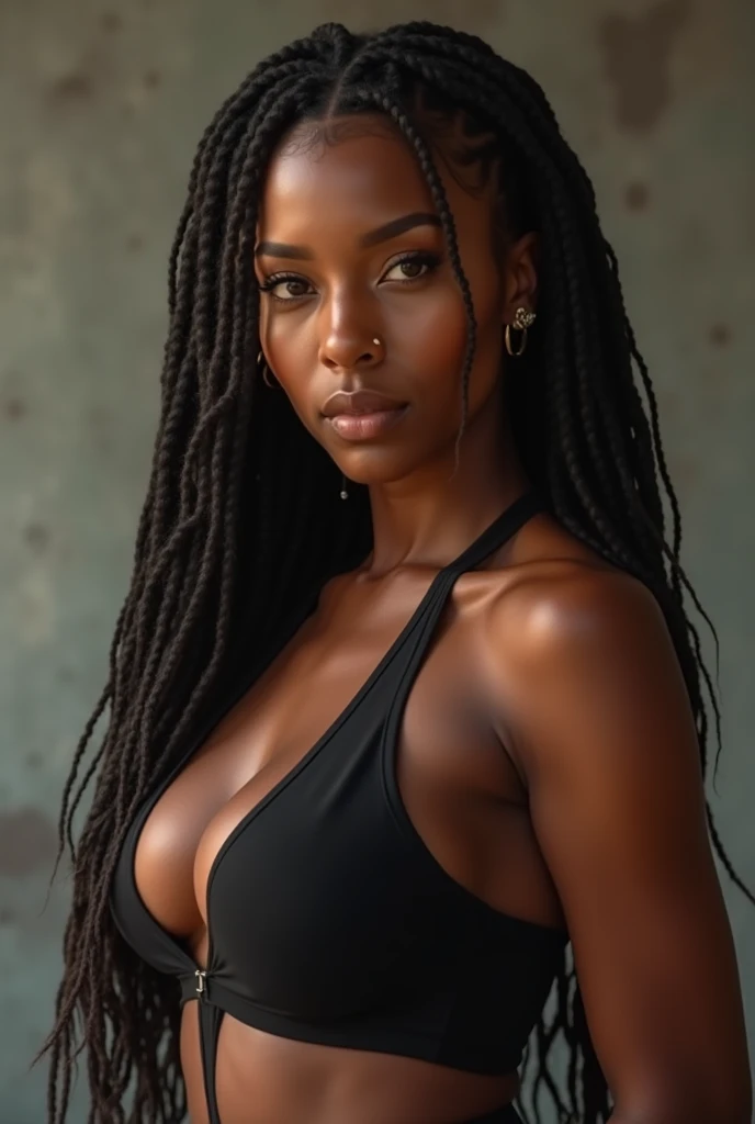 (a girl,a woman,a lady) with (ebony,black) (skin,complexion) and (long, flowing) (black, dark) (dreadlocks, hair), (beautiful detailed eyes,beautiful detailed lips,extremely detailed eyes and face,longeyelashes). She is (standing,sitting) in a (lush, vibrant) garden surrounded by (colorful, blooming) flowers. She is wearing a (colorful, flowing) dress, and her (graceful, elegant) posture exudes confidence and (femininity, strength). The sunlight gently illuminates her face, casting a soft and (warm,golden) glow. The scene is (realistic,photorealistic:1.37) and (best quality,highres), with (vivid,rich) colors and (sharp,defined) details.
