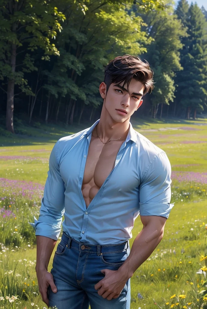 Oil painting of a tall handsome muscular young man with a chiseled physique standing in a lush, blooming meadow during springtime, solo, perfect facial features, smooth skin, sexy gaze, looking at the viewers romantically, sexy expression, sexy posture, short hairstyle, wearing a sapphire blue open shirt and jeans that highlight his strong chest and abs, jewellery, beautiful, gorgeous, wet, colorful meadow and warm sunlight surrounding him.