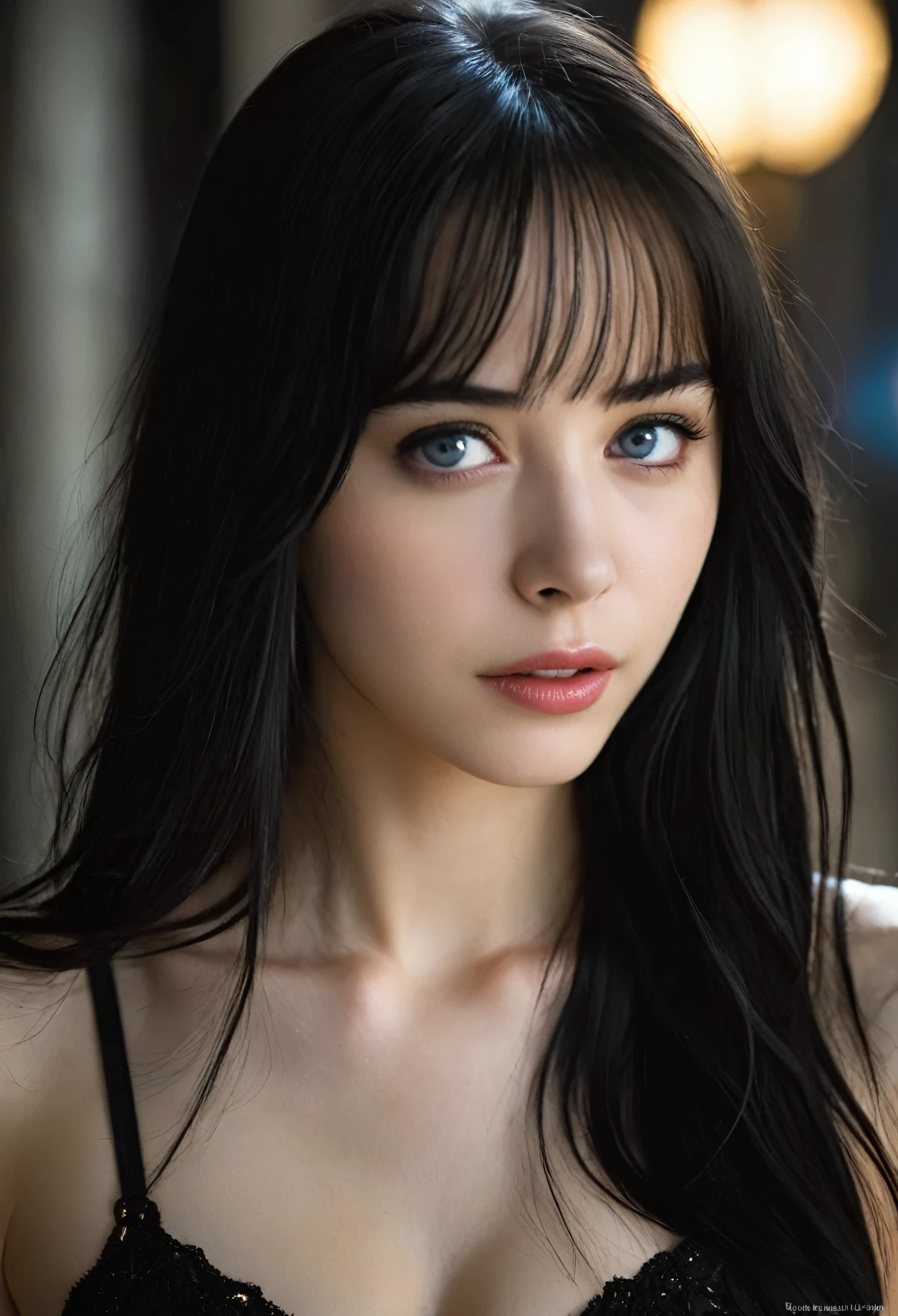RAW photo, face portrait photo of beautiful young female with long sleek blue hair with bangs ((flat bangs)), green eyes, 18ish girl, beautiful face, wearing black dress, smile face, closed mouth, not looking at viewer, hard shadows, cinematic shot, dramatic lighting.(Ultra Realistic), (Illustration), (Increased Resolution), (8K), (Extremely Detailed), (Best Illustration), (Beautiful and Detailed Eyes), (Best Quality), (Ultra Detailed), (Masterpiece ), ( wallpaper), (detailed face), solo, 1 girl, mature, age 25,looking at viewer, fine details, detailed face, in the dark, deep shadows, low key, pureerosfaceace_v1, smiling, long hair, black and white, shawl straight hair , 46 points oblique bangs, masterpiece, best quality, 35mm, 8k, absurdres, beautiful girl, (upper body, dark grey background:1.4), (black classical dress, black hair:1.6), slender, dark studio, rim lighting, ultra realistic, highres, photography, film grain, chromatic aberration, depth of field, sharp focus, HDR, facelight, dynamic lighting, cinematic lighting, professional shadow, dark shadow, highest detailed, extreme detailed, ultra detailed, finely detail, real skin, delicate facial features, detailed face and eyes, sharp pupils, realistic pupils, long black hair with bangs, black hair top, white hair undercolor, Split Hair Two Tone , Split Hair Two Tone black and white color hair,black hair, white hair, mix hair color,green eyes, white hair emerald eyes. white hair, platinum hair color, green eye, green pupil.