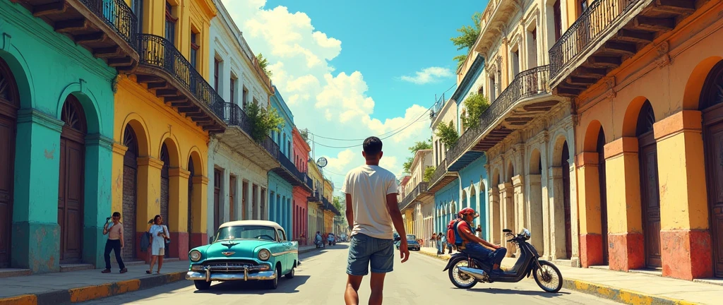 Young man sitting on the sidewalk in a favela in front of a lowered Opala 