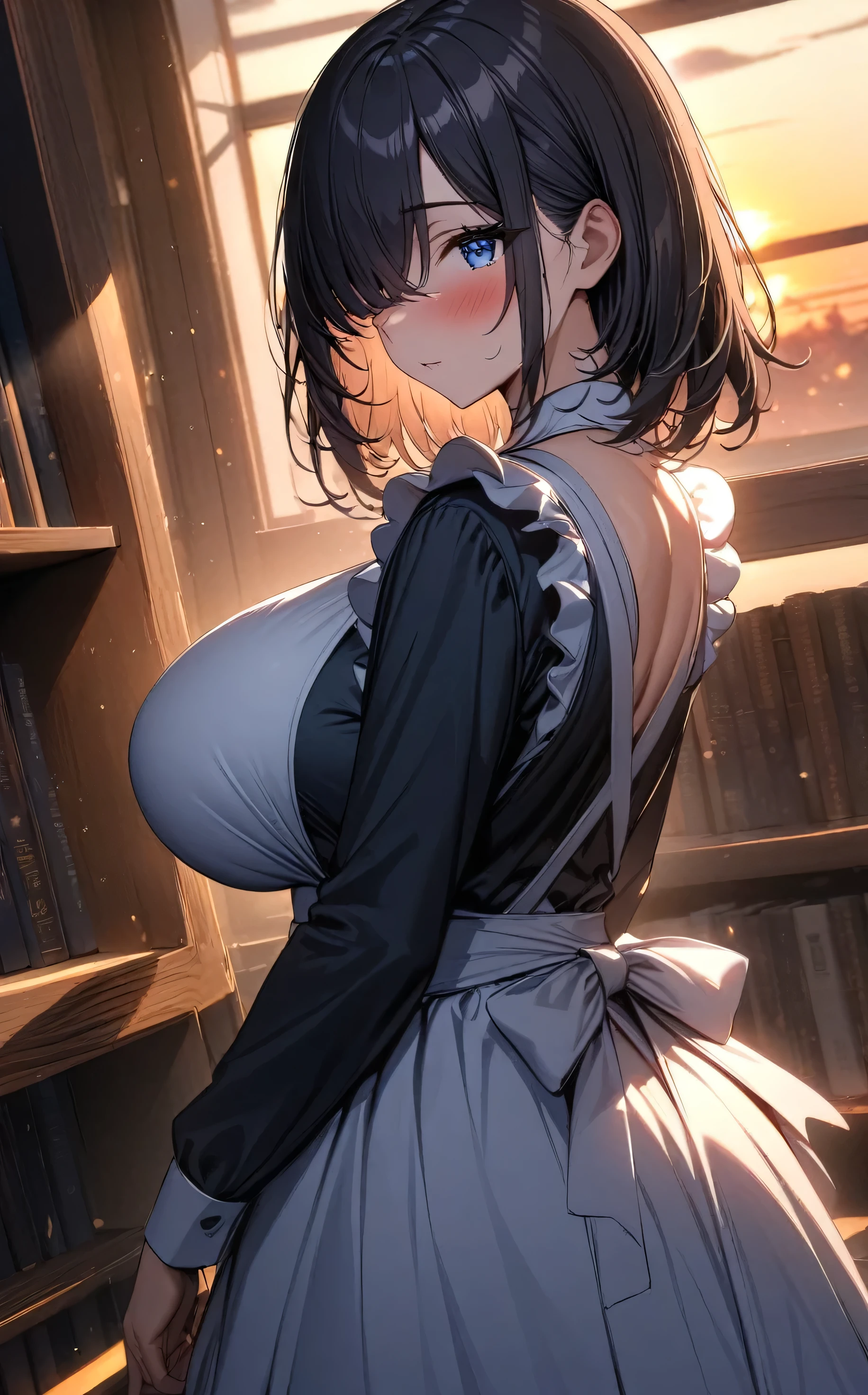 (masterpiece, Highest quality:1.2), 1girl, Black medium hair, (maid dress), growing light, ((blue eyes)), ((big breast)), light particles, long bangs, ((dusk)), bangs, high detail, glowing light, bloom, snowin, standing, (long bangs over eyes), back light, natural light, autumn, library, blush, mature, long sleeves