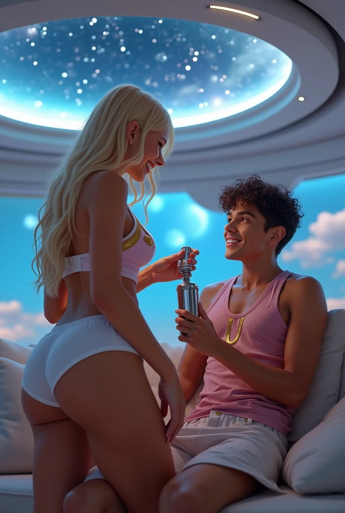 a 2 woman with blonde hair, gray-blue eyes and fair skin, wearing a low-cut pink thong bikini and relaxing on a comfortable sofa inside a luxurious yacht. She holds a glass of white wine. In the background, through the yacht's windows, you can see a beautiful sunny day and the calm waters of the ocean, with other vessels sailing in the distance. The scene evokes an atmosphere of tranquility and luxury.