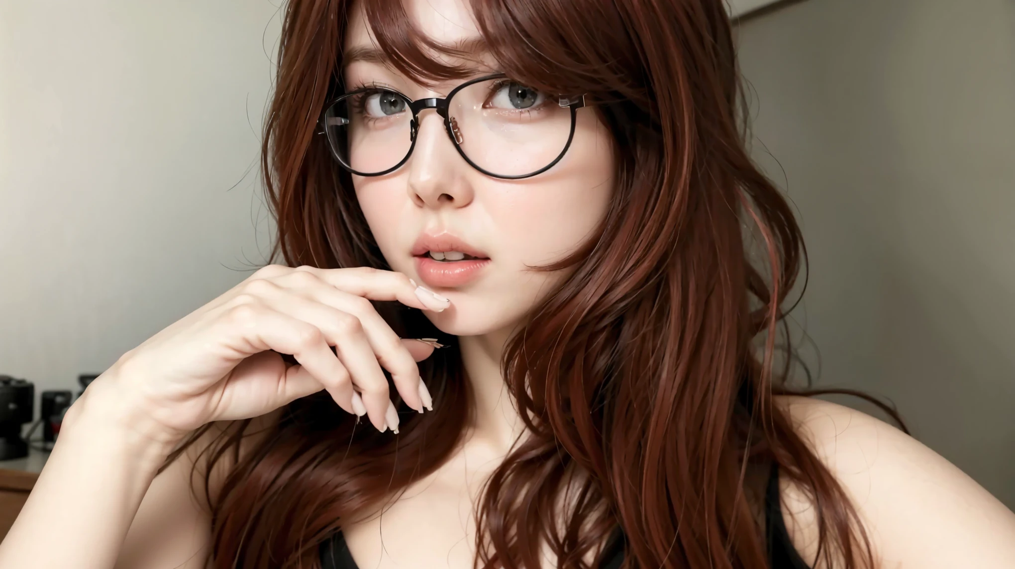 Best Quality, master part, ultra high resolution, (photorealistic:1.4), raw photo, 1 girl, laying down in on red bed and looking at the viewer, long red hair, pale skin, Half body, neckline, with glasses on