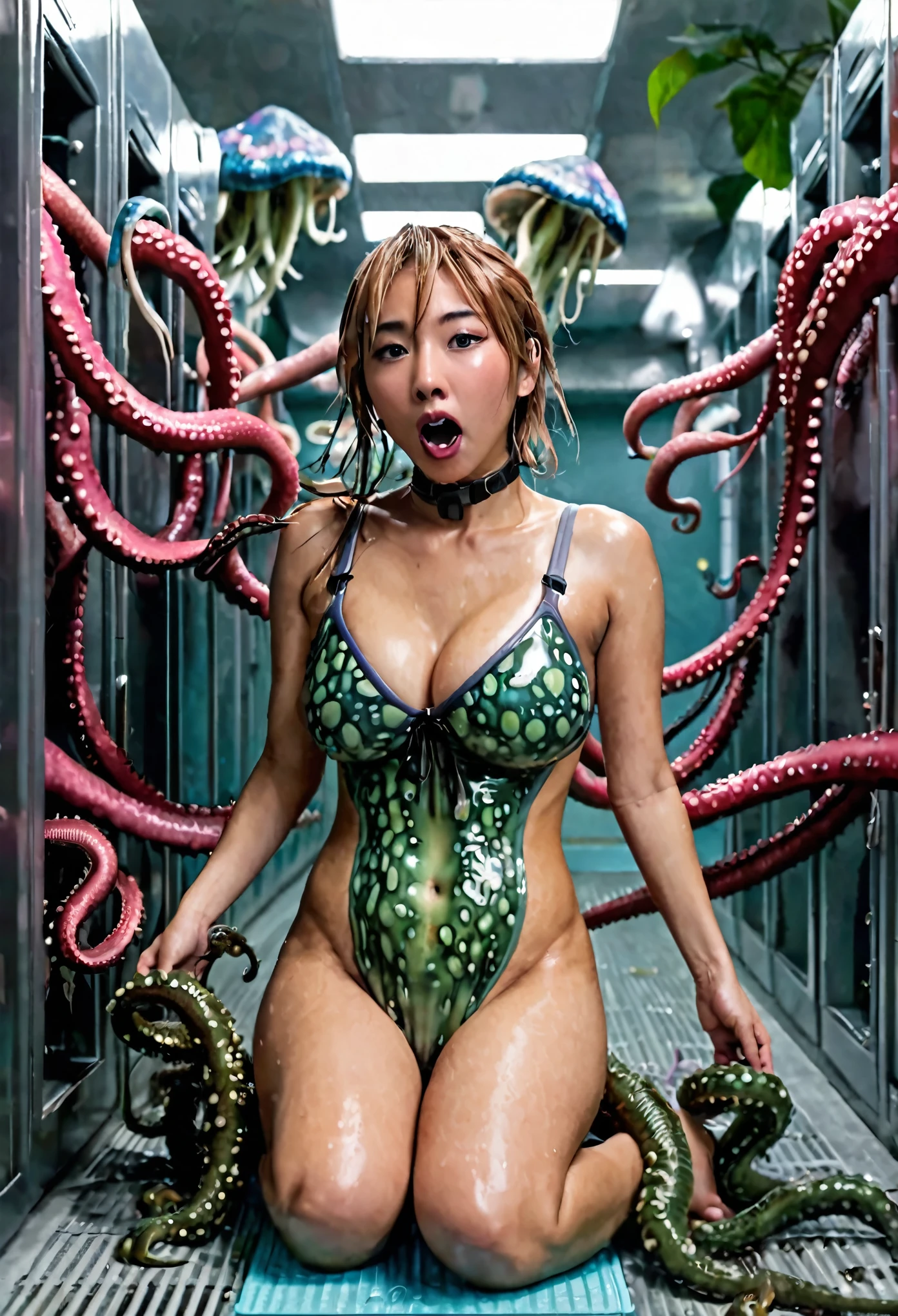 cute yuna, wet, struggling for her life, ensnared in the tentacles of a (alien woman eating mushroom monster with many slimy tentacles) monster which is greedily licking her anus, women's gym locker room building, damsel in distress, peril
