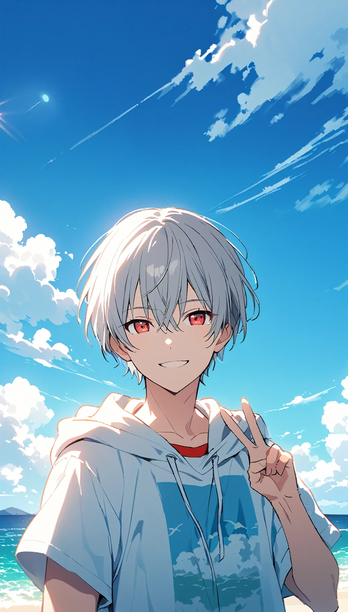 good looking, alone, 1 male, Gray Hair, Red eyes, shirt, Black and white hooded, noon, White Light,cute目,Short hairstyle,cute,Falling from the sky,綺麗なsummerの空,Lots of white clouds,summer,Ocean,Glittering scenery,bright,Blue sky,looking at the camera,Making a peace sign,smile