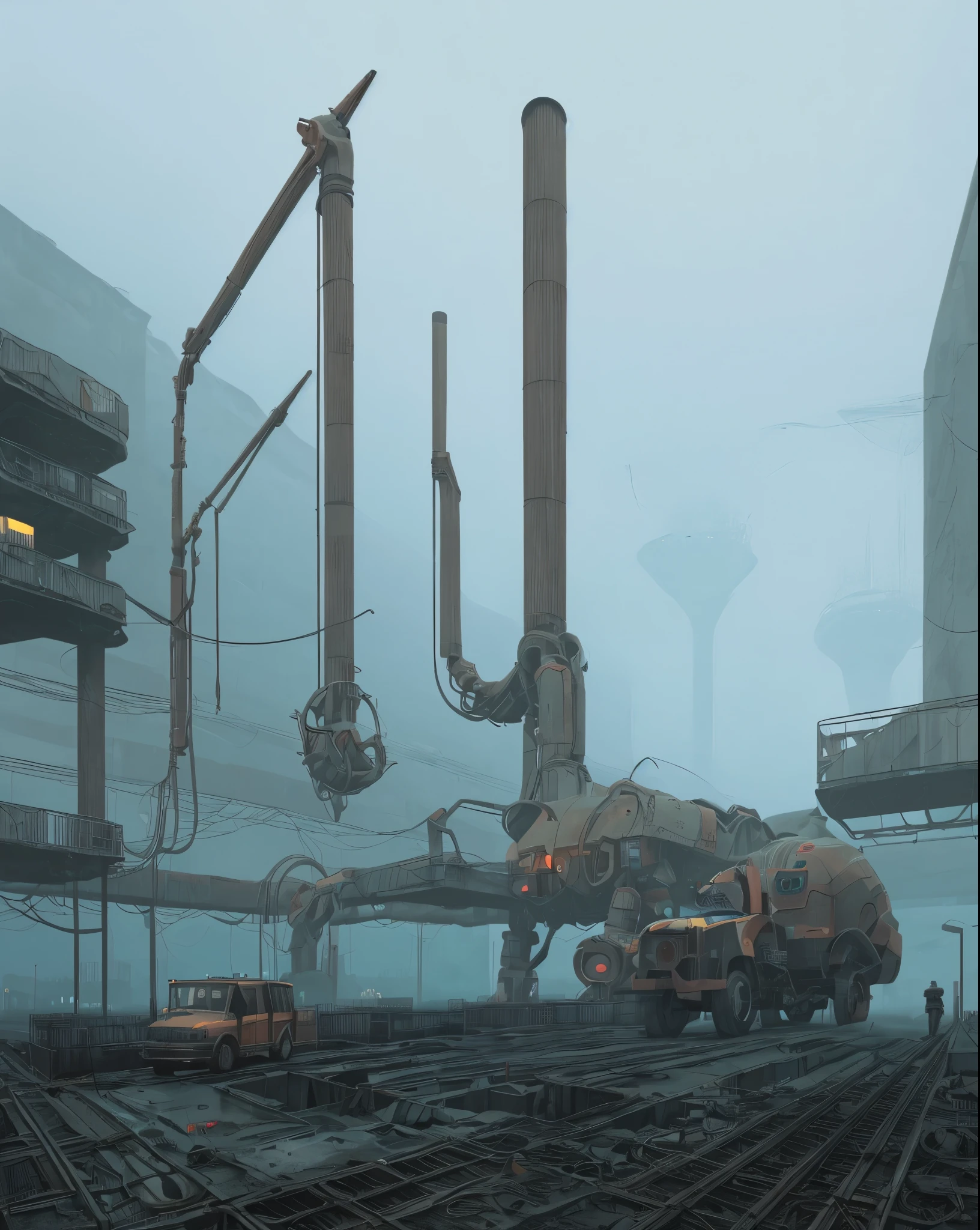 Picture a remote,desolate industrial facility shrouded in a thick,stable fog. Within this eerie mist,massive,antiquated machines loom,partially obscured yet somehow even more imposing. Amidst the haunting silence,enigmatic beings move with purpose,their presence intertwined with the mechanical monoliths. Craft an evocative scene that captures the stable diffusion of man-made marvels and the enigmatic unknown in the unmistakable style of Simon Stålenhag,