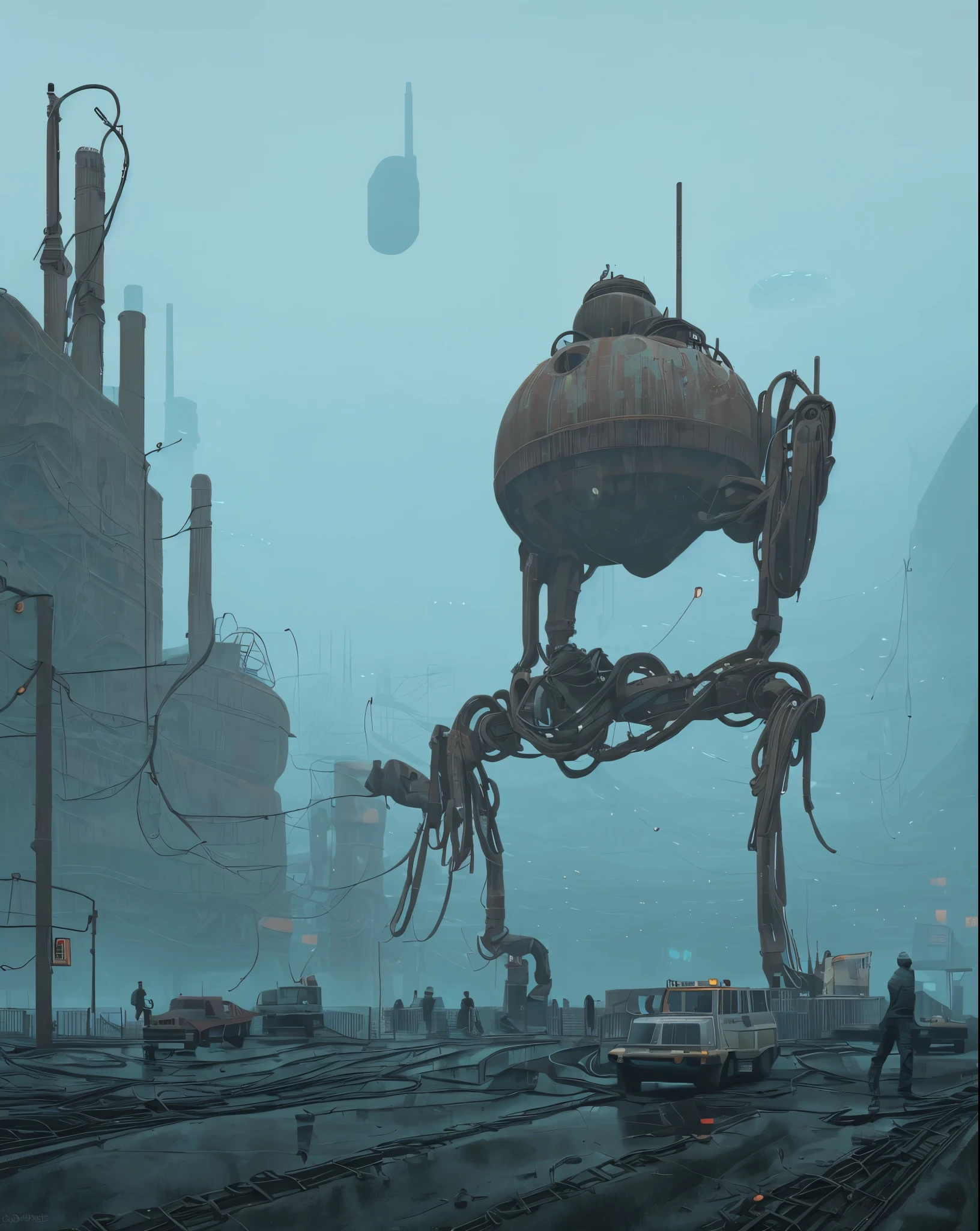 Picture a remote,desolate industrial facility shrouded in a thick,stable fog. Within this eerie mist,massive,antiquated machines loom,partially obscured yet somehow even more imposing. Amidst the haunting silence,enigmatic beings move with purpose,their presence intertwined with the mechanical monoliths. Craft an evocative scene that captures the stable diffusion of man-made marvels and the enigmatic unknown in the unmistakable style of Simon Stålenhag,