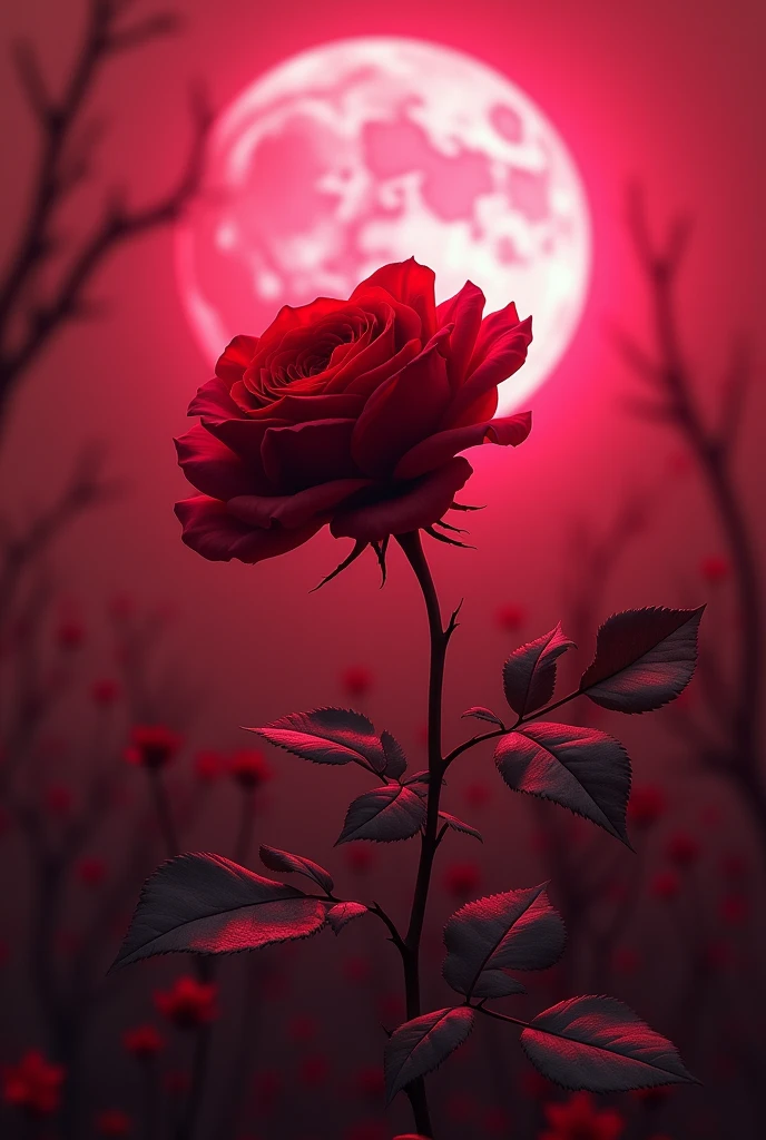 For a more lovely cover, imagine a soft, moonlit night with a gentle, silver glow. In the foreground, a beautiful dark red rose with delicate petals that transition to deep crimson at the tips, surrounded by a faint, ethereal shimmer. The moon, large and luminous, casts a serene light over the scene, reflecting off a tranquil pool of dark, cold water beneath the rose. In the background, a graceful figure, dressed in elegant attire, stands with a sense of quiet strength, gazing up at the moon, hinting at the story's depth and conflict without overt darkness.