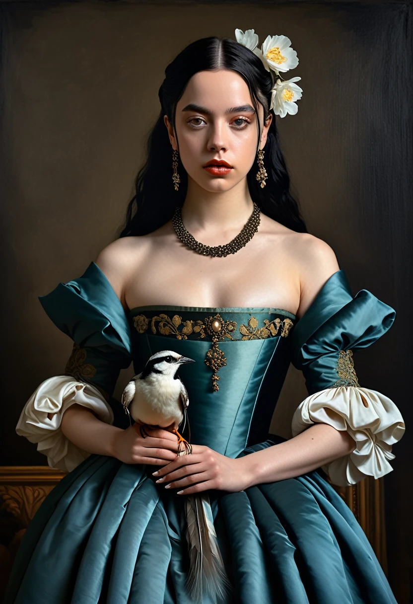 Billie Eilish painted in an elegant Renaissance gown. She has her signature green and black hair styled elegantly and is posing with a mysterious expression. She holds a small bird in one hand and a flower in the other. The background of the painting contains dark hues in a classical oil portraiture style of Renaissance art, cinematic lighting, hyper-realistic, elegance and grandeur typical for historical portraits