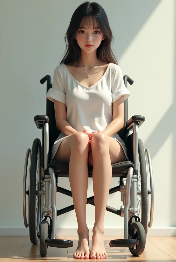 beautiful girl in a wheelchair, hospital, bandaged leg, injured leg, (leg in plaster:1.3), wear hospital gown