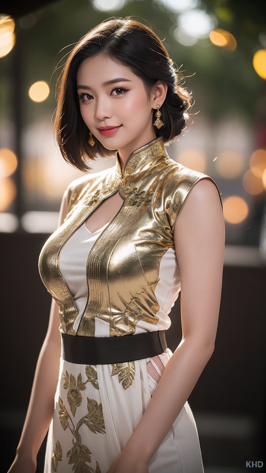 Woman standing in beige cheongsam, Top Quality, High Definition, 8k, 1 girl, (Huge breasts :1.2), Sun, Bright, (People, Crowd:1), (Glossy cheongsam:2.8, Beige satin clothing:1.6, Beige satin gloves:1.8,Beige:1.5), (Bangs,Long hair), Beautiful detailed sky, Beautiful earrings, (upper body :1.2), soft lighting, wind, shiny skin, looking at the viewer, smiling, (mouth open)
