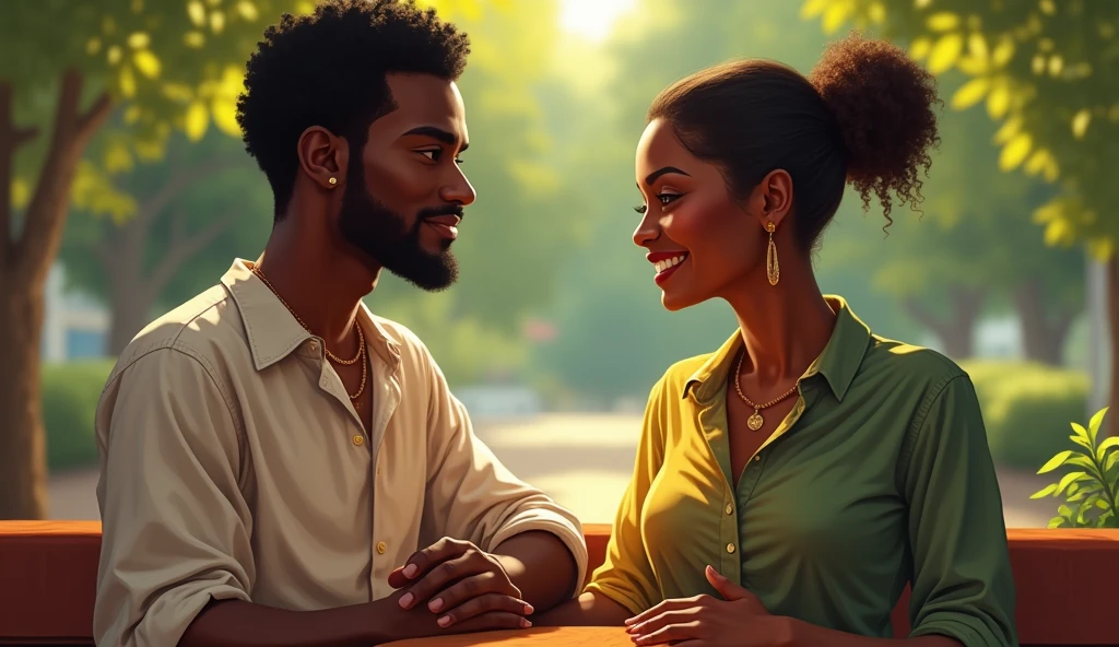 Black man looking down in a restaurant.
Black woman with long black hair chatting happily opposite him. Ultra high quality.