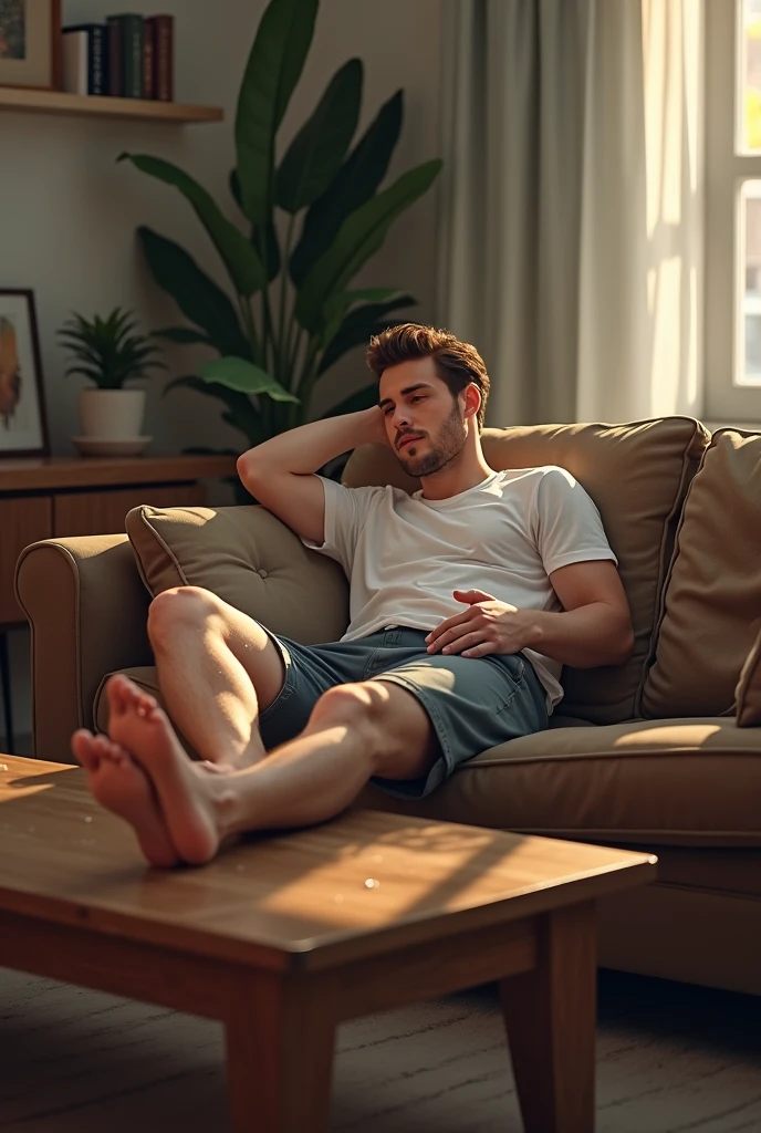 Um homem 38 anos, sentado em um sofa, roupas anos 2000, background interior de uma casa moderna