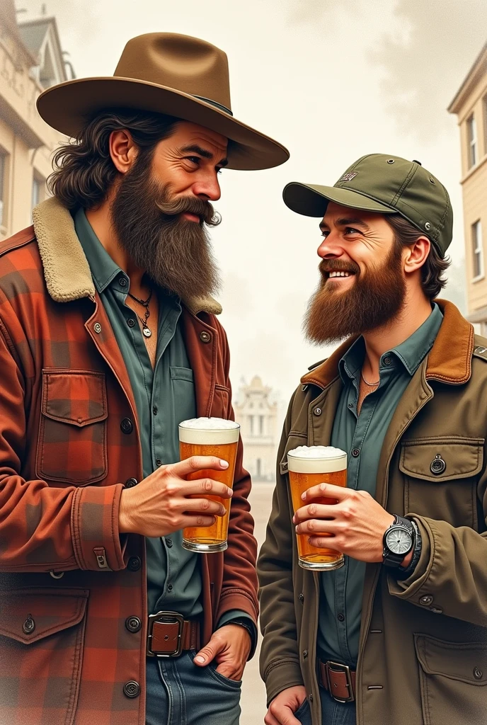 2 handsome cute attractive cowboy man sitting on a farm drinking beer invites a young handsome 27 year old man to his beer
