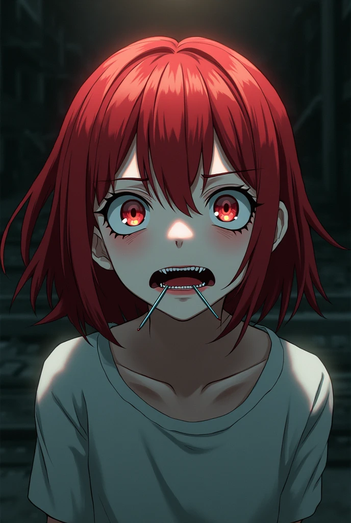 anime_still, masterpiece, best quality, sexy, 1girl, Gasai Yuno,(large breasts:1.5), nipples, solo, nude, as Gasai Yuno Sits in her kill room she stays blankly act a painting of her lover, she is wearing a black choker and black thigh highs and behind her there is a small table with a blood stained knife and a black face mask as well as a apron made of human skin, ((kill room)), ((blood)), ((psycho)),evil smile,dark and for Bodine atmosphere, she is hunting you, CRAZY EYES, (YANDERE,CRAZY EXPRESSION:1.6), empty eyes, shaded face, crazy smile, mask on head