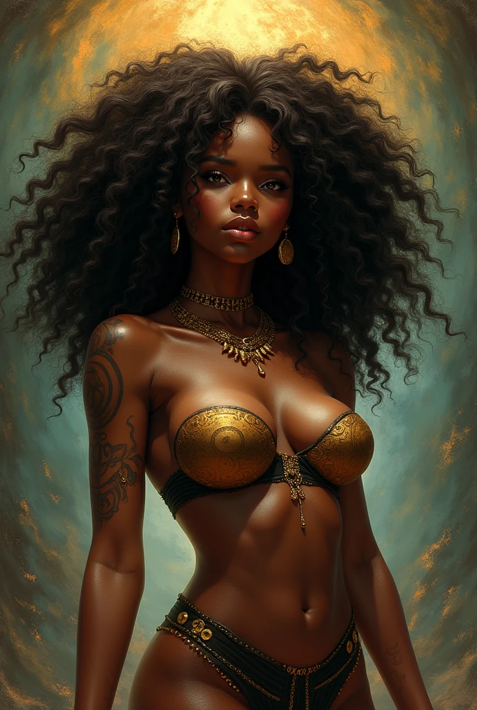 Woman naked only in gold body jewelry, flying on the futuristic antigraviti hoverbord ((She is in the jungle, siting on flying gold disc)) , siting on disc, She flying, flying hoverbord, Highly Detailed Face and Skin Texture, big green eyes, juicy lips, bimbo lips, white skin, pale skin, fair complexion (afro curly Black hair), (pale skin), Detailed Eyes, Double Eyelids, afro curly black  hair, gold metal cyberpunk tapes, metal Collar, metal gold futuristic ((vaginal piercing)), gold jewelry on wet body, wet skin. She is naked, puffy breast, gold substance on the naked breast, naked, White skin, she is on the futuristic cyberpunk flying disc drone in the jungle, futuristic cyberpunk pilot helmet on head. Piercing in the nose.