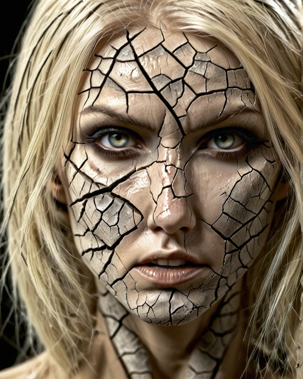 Burning city scene, cinematic photography,(full body portrait of a beautiful woman with cracked skin around her eyes only),(dark cracks), dark clothes, white magic around her hands, claws, soft focus, full body editorial shot, depth of field, uncanny, stunning perfect devoid eyes, pale skin, intricate hyperdetailed, amazing depth, expansive details, long blonde hair, complex masterwork by head of prompt engineering ,krawcked_skn, full color, sinister look, aggressive pose