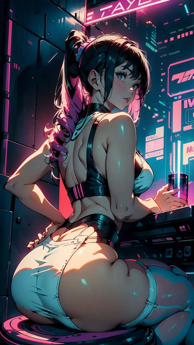 (Hinata Hyuga, Very sensual, In tight clothes, Big Ass, Thick legs, White Mini Skirt Dress, stockings, Navel comes out, Long Hair, Rear speakers, Very realistic, View of the Cyberpunk City, Clearly defined lines, Neon Lights Very Sexy, 8k, 8k Very detailed), (Very delicate and beautiful), (masterpiece), (Better Quality: 1.0), (Ultra-high resolution:1.0), ((Synthwave Background Theme)), whole body