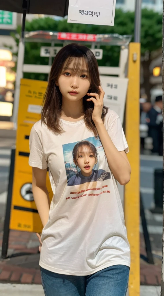 32K, Highest quality, masterpiece, Realistic, Very detailed,  photograph, High resolution, 行photograph, High resolution, Confused, Smoother light, Official Art, Written boundary depth, Bright light,
close, thin, Detailed face, anger, Beautiful details in the eyes, 1 Korean, cute, Highest quality real texture skin,
T-Shirts,