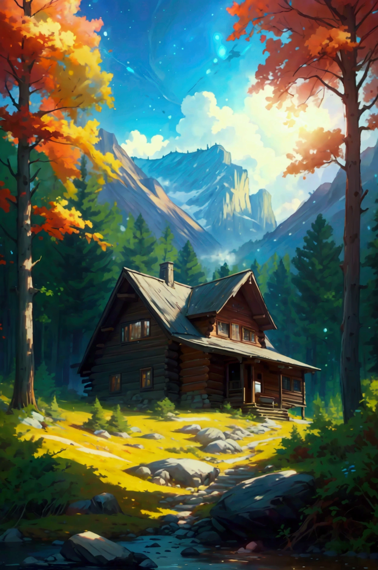 -High quality- -masterpiece- a beautiful daytime landscape of a cabin in the middle of a forest that transmits peace
