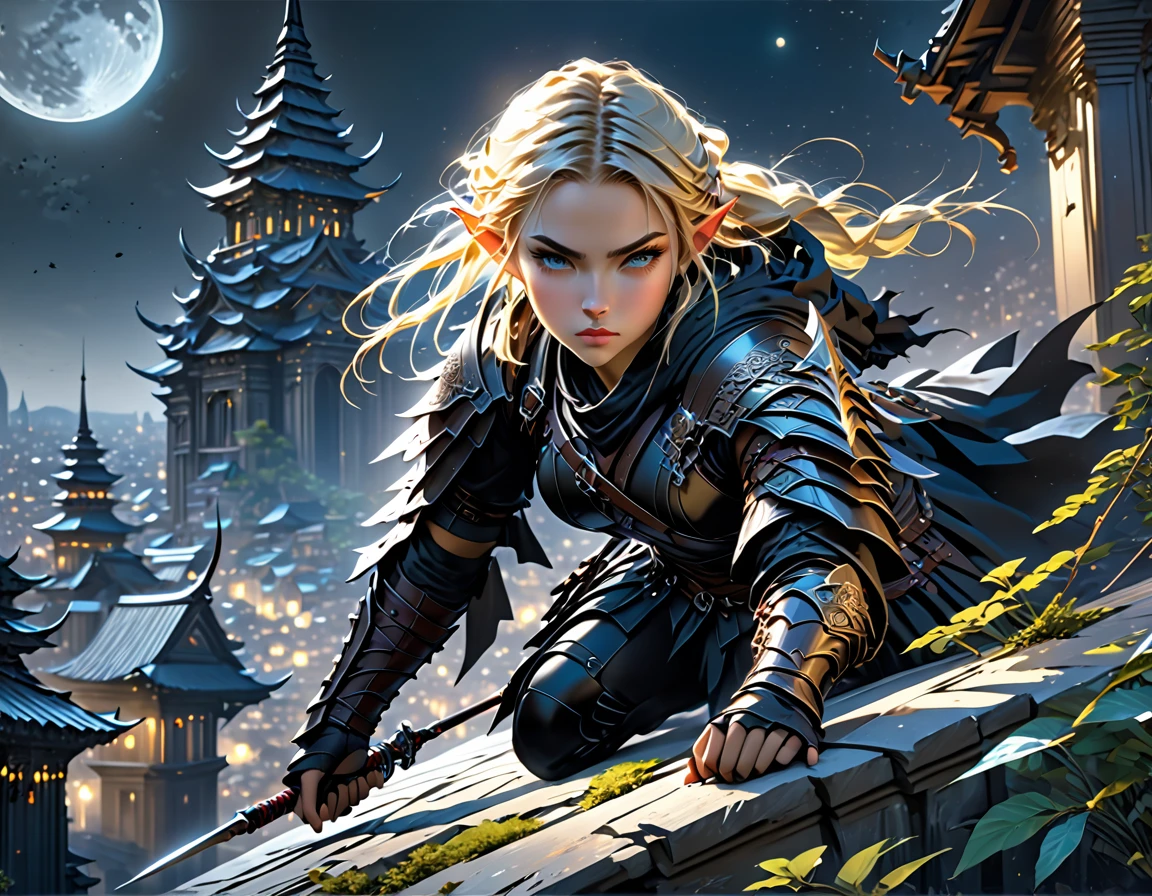 arafed, high details, best quality, 8k, [ultra detailed], masterpiece, best quality, (extremely detailed), dynamic angle, ultra wide shot, RAW, photorealistic, fantasy art, dnd art, rpg art, realistic art, a picture of an epic fantasy thief  crouching [on roof top](1.5 intricate details, Masterpiece, best quality) on top of a roof in urban fantasy city, ready for action, plenty of buildings, a temple in the background(1.5 intricate details, Masterpiece, best quality), elf woman, epic fantasy thief, [[anatomically correct]], blond hair, braided hair, fair skin, intense bright eyes, armed with dagger  (1.5 intricate details, Masterpiece, best quality), having thief tools kit,  dynamic position (1.5 intricate details, Masterpiece, best quality), small pointed ears, dark armor, full leather armor (1.4 intricate details, Masterpiece, best details), high boots, tense atmosphere, night, stars light, moon light, moon rays, stars, best details, best quality, highres, ultra wide angle