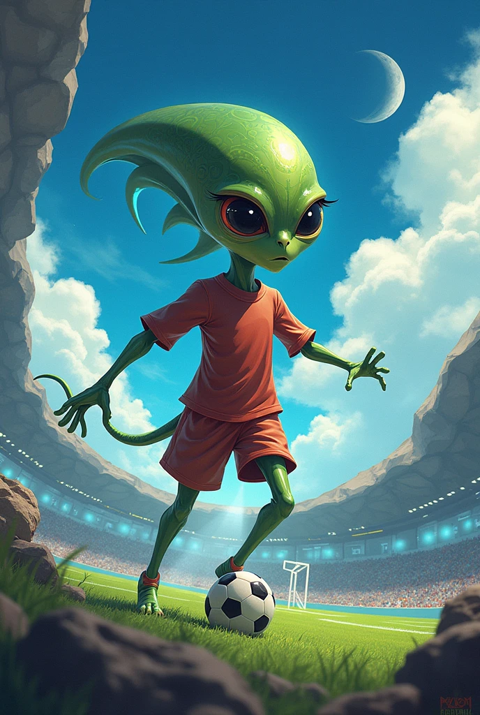 A male green alien playing soccer. On a galaxy