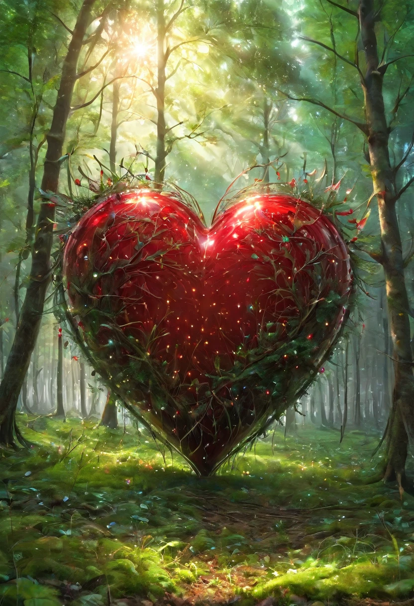 a surrealistic red heart in a clearing in the forest, (best quality,4K,8k,highres,​masterpiece:1.2),Ultra-detail,(Realists,photoRealists,photo-Realists:1.37),elaborate details,cinematic lighting,The Fantasy,Digital Drawing, Very detailed,Film composition,keen focus,photoRealists,hyperRealists,mystical,Ethereal,fantastic,exhilarated,noticeable,dream-like,conceptual,imaginative