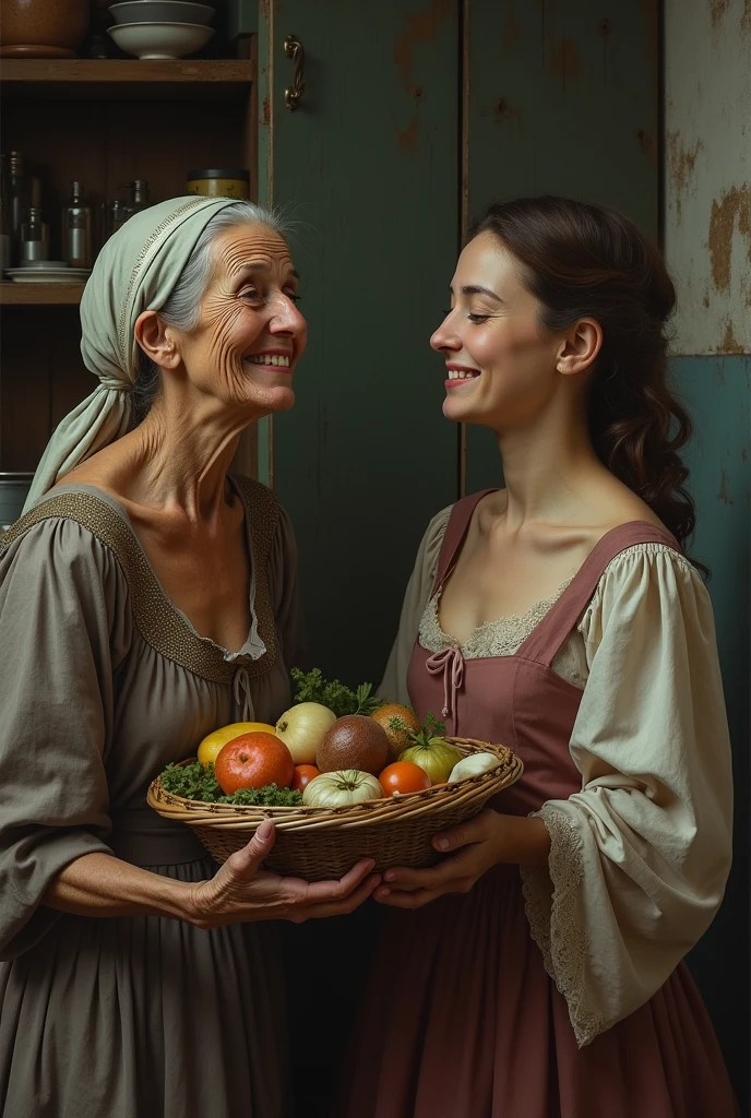 Two very poor old women from the 18th century, in a cottage kitchen, dressed in rags revealing their breasts and pubes, tenderly engaged in intense lesbian seduction.