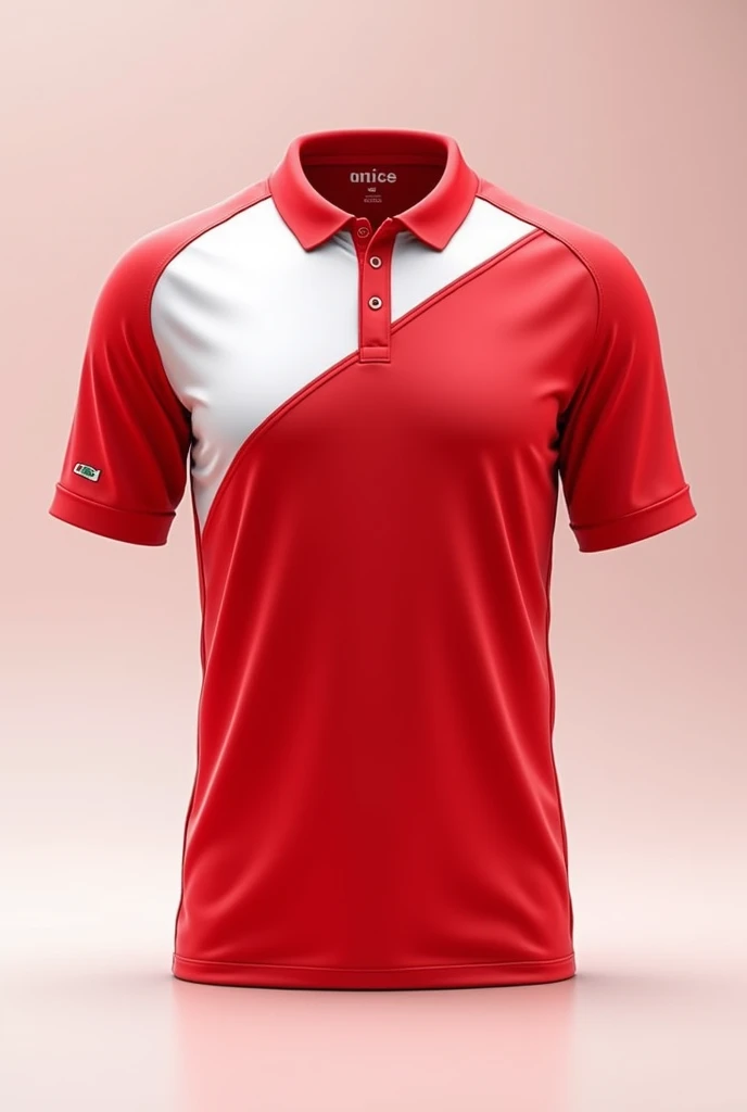 Red and white sports polo design for the Olympics, something sporty, with some black details, something that stands out and with a round neck