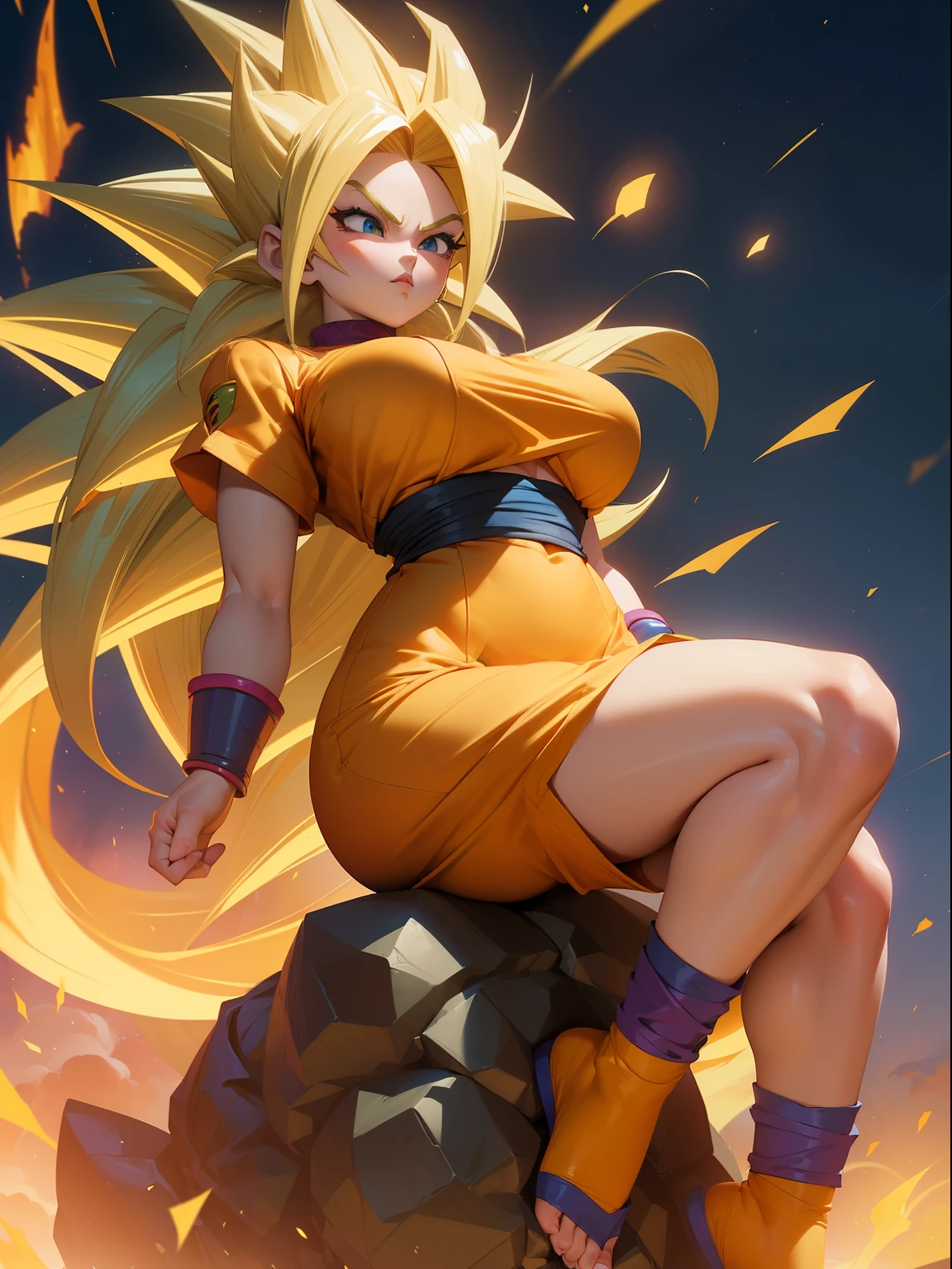Dragon Ball anime, ((Full body photo, feet on the ground, straight body)), ((Laura/woman, big breasts, extremely beautiful)), ((Super Saiyan Superior Instinct)) {transformed into Super Saiyan wearing Goku child's costume/extremely tight on body, emanating golden magic aura circling furiously around the body. Background, completely destroyed city at night raining hard. She has {silver eyes, white Super Saiyan hair} her hair, face and her outfit are soaked in water, She is staring at the viewer, smiling, fists clenched, concentrating magical aura, in a forward attack pose. Anime Dragon Ball, high detail, anime, 16k, UHD, retina, retina, ccurate, anatomically correct, textured skin, super detail, high quality, award winning