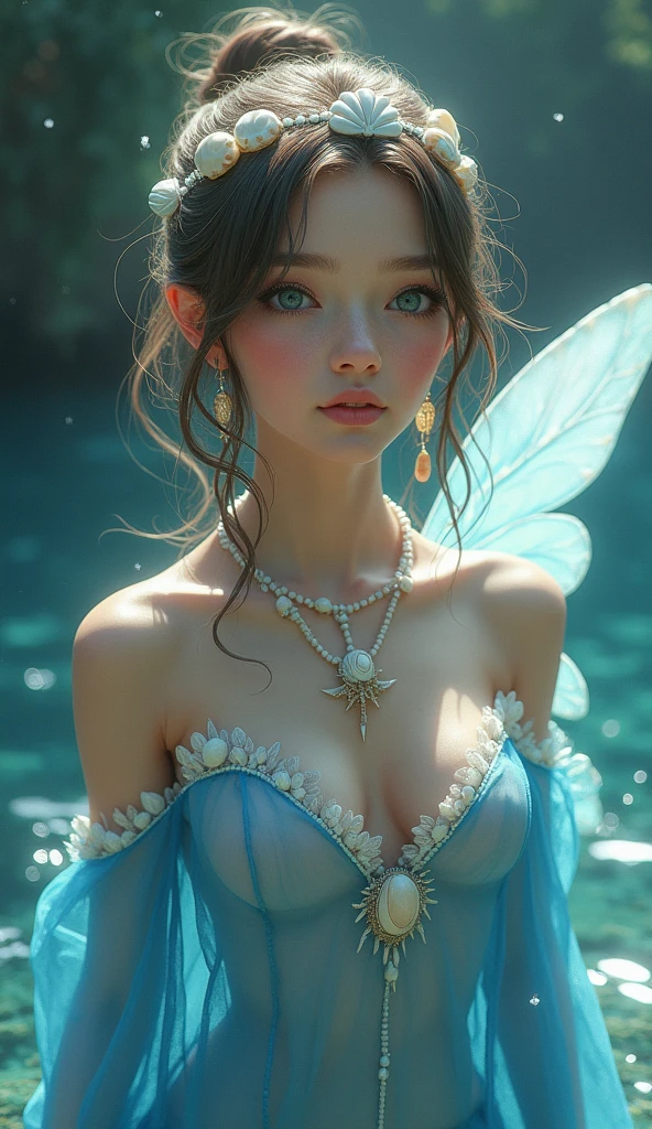a woman in a sheer dress is posing for a picture in a building with a light shining on her body, Charlie Bowater, highly detailed digital painting, a photorealistic painting, figurative art, 2 girl with fabulously beautiful smile and kind eyes, light on face, light transparent fabric with many folds. view from above. Fashion magazines, m vogue photo style. candy cotton clouds, stars, enchanting, beautiful face, big detailed eyes, sparkling, glittering, glowing elements, bio-luminescent, stylized, artistic, surreal, magic, hyperdetailed, beautiful details, tiny detailed, iluminism and iridescence scales