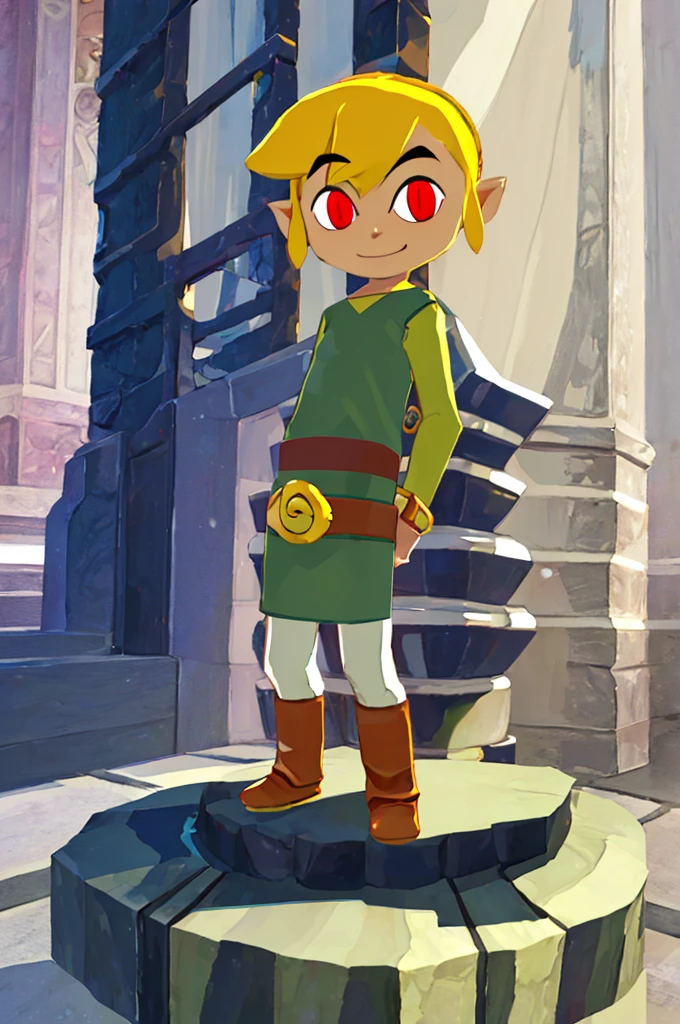 ((work of art,best qualityer)),  tom_link_Zelda, dark link, standing alone, 1 , Eyes red, Tunic, waist belt,  standing alone, smiling, standing, looking ahead at viewer,