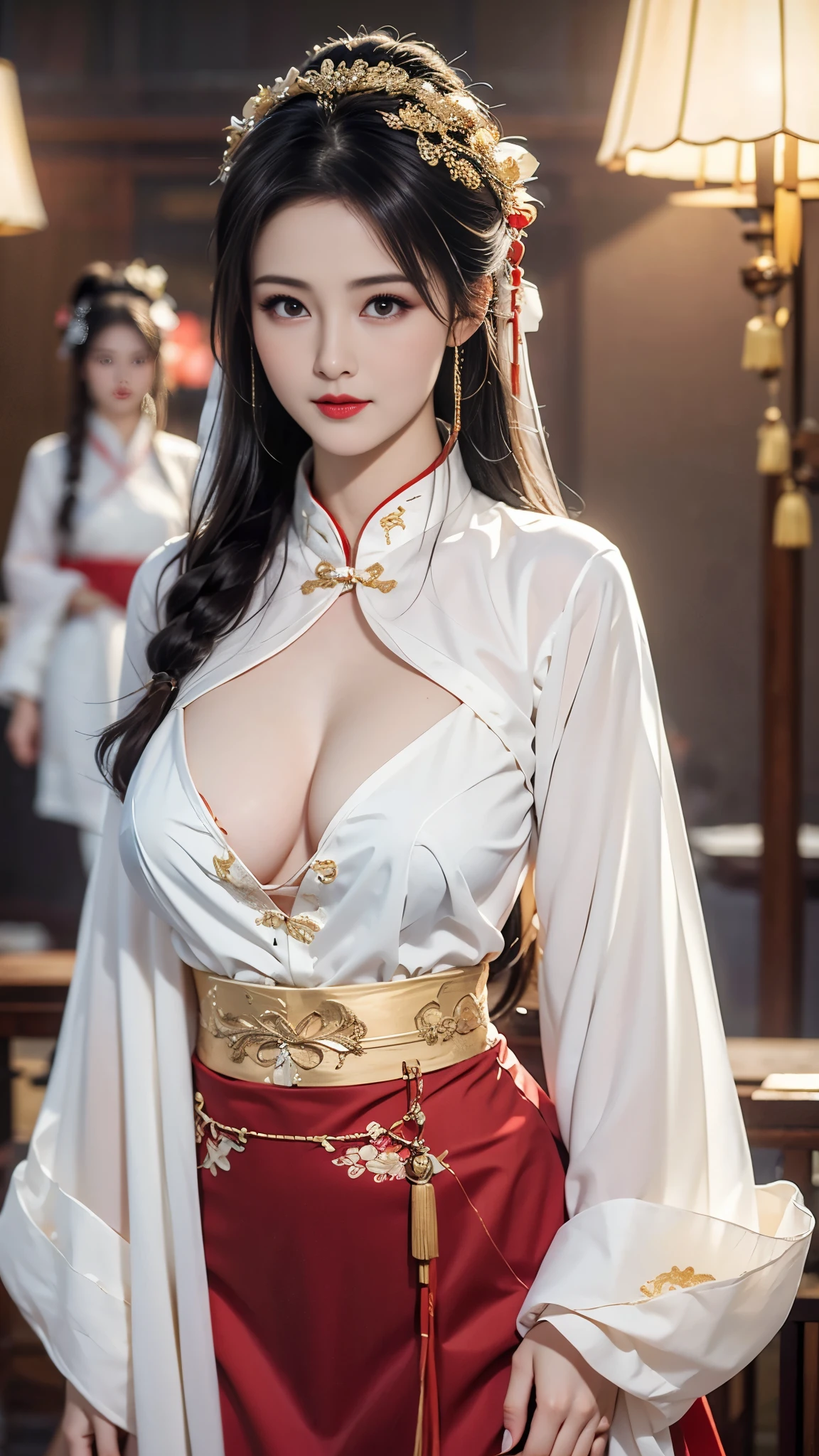 best quality,masterpiece,high resolution,(Delicate figure:1.5),Beautiful face,(Milky white skin:1.3),Intricate details,high resolution,wallpaper,((2 Girls)),Smile,One sitting,one standing behind,Exposed breasts,Red lingerie,Hair accessories,(gold and red skirt),Flowers,Long hair,Brown hair,Shut up,Jewelry,Long sleeve,Wide sleeves,big eyes,Flowing hair,Chinese clothes,Hanfu,embroidery,Falling Flowers,indoor,Fanning,lantern,16K,HDR,high resolution,Depth field,(Real Lighting:1.1),This book,The Tang Dynasty,(lens flare),(Color grading:1.5),(Large Breasts:1.2),(Middle distance whole body:1.3),