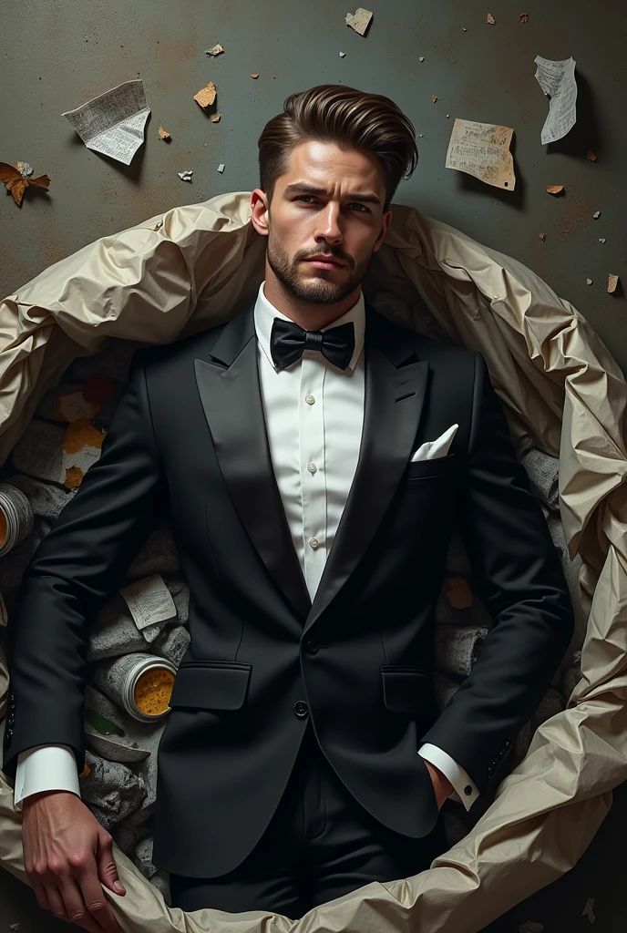 Handsome man struggling to pull his black underwear out of a large paper shredder as its shredding his underwear and sucking him into it. Hes being pulled in bynthe front and hisbeyes are wide open and he can see the shreds of his underwear between his leg's